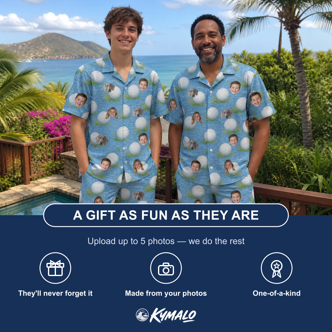 Friends in matching Men's Roundabout Rollers Custom Face Shirt & Shorts Set — a group gift photo