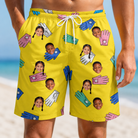 Model wearing Men's Mighty Mitts Custom Face Beach Shorts printed with kids' faces