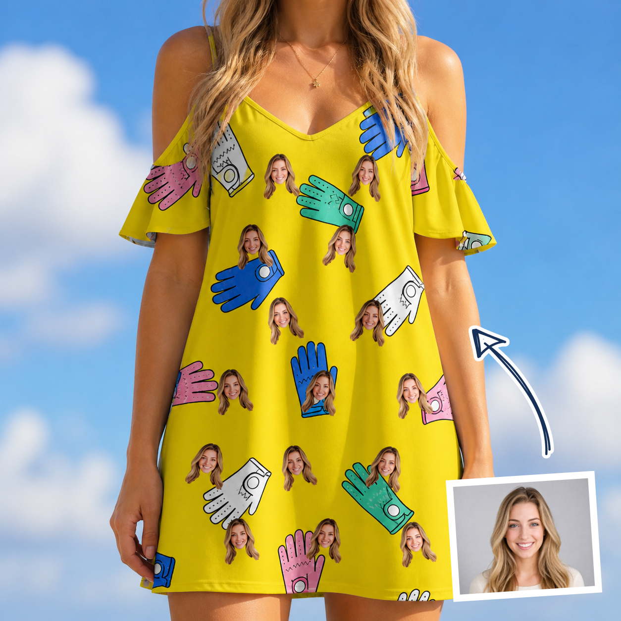 Woman wearing Women's Mighty Mitts Custom Face Off-Shoulder Dress — custom faces printed all-over