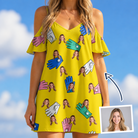 Woman wearing Women's Mighty Mitts Custom Face Off-Shoulder Dress — custom faces printed all-over