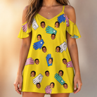 Model wearing Women's Mighty Mitts Custom Face Off-Shoulder Dress printed with kids' faces