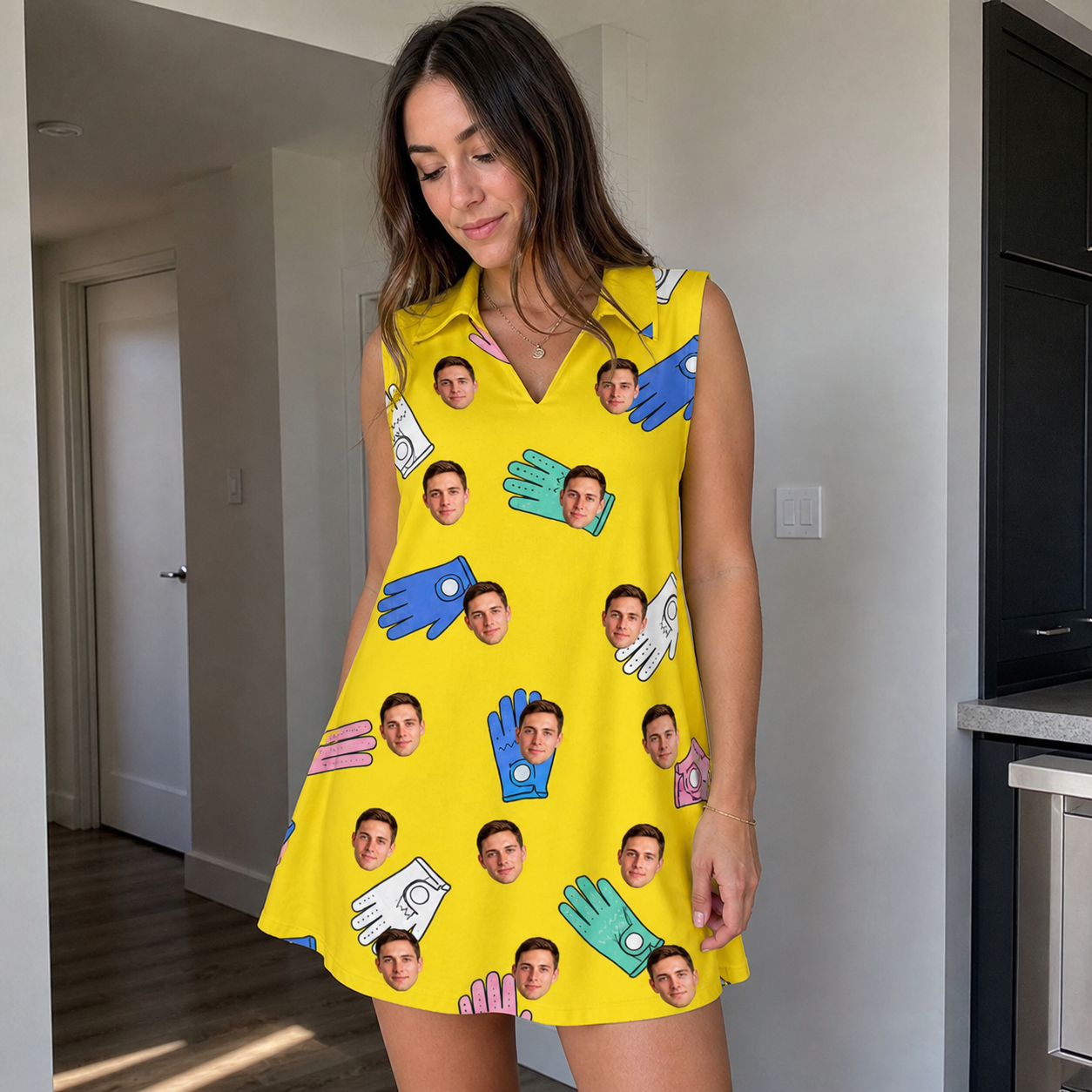 Real-life photo of someone wearing Women's Mighty Mitts Custom Face V-Neck Dress — custom faces printed all-over