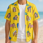 Man wearing Men's Mighty Mitts Custom Face Hawaiian Shirt open over a white tee