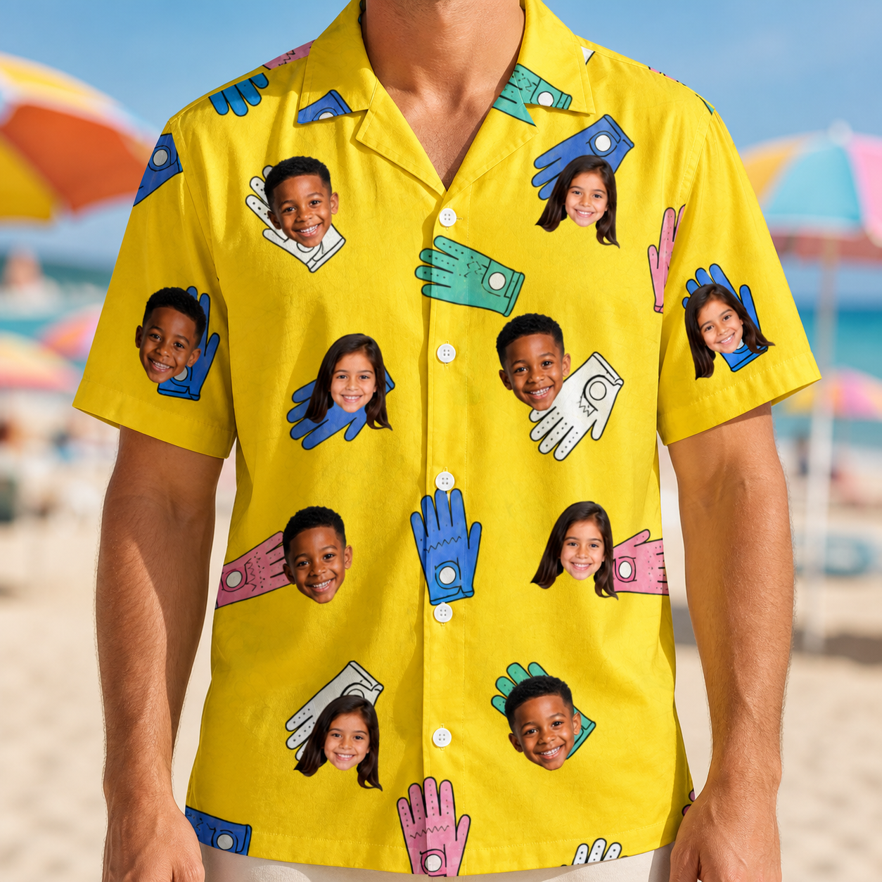 Model wearing Men's Mighty Mitts Custom Face Hawaiian Shirt printed with kids' faces