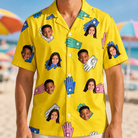 Model wearing Men's Mighty Mitts Custom Face Hawaiian Shirt printed with kids' faces