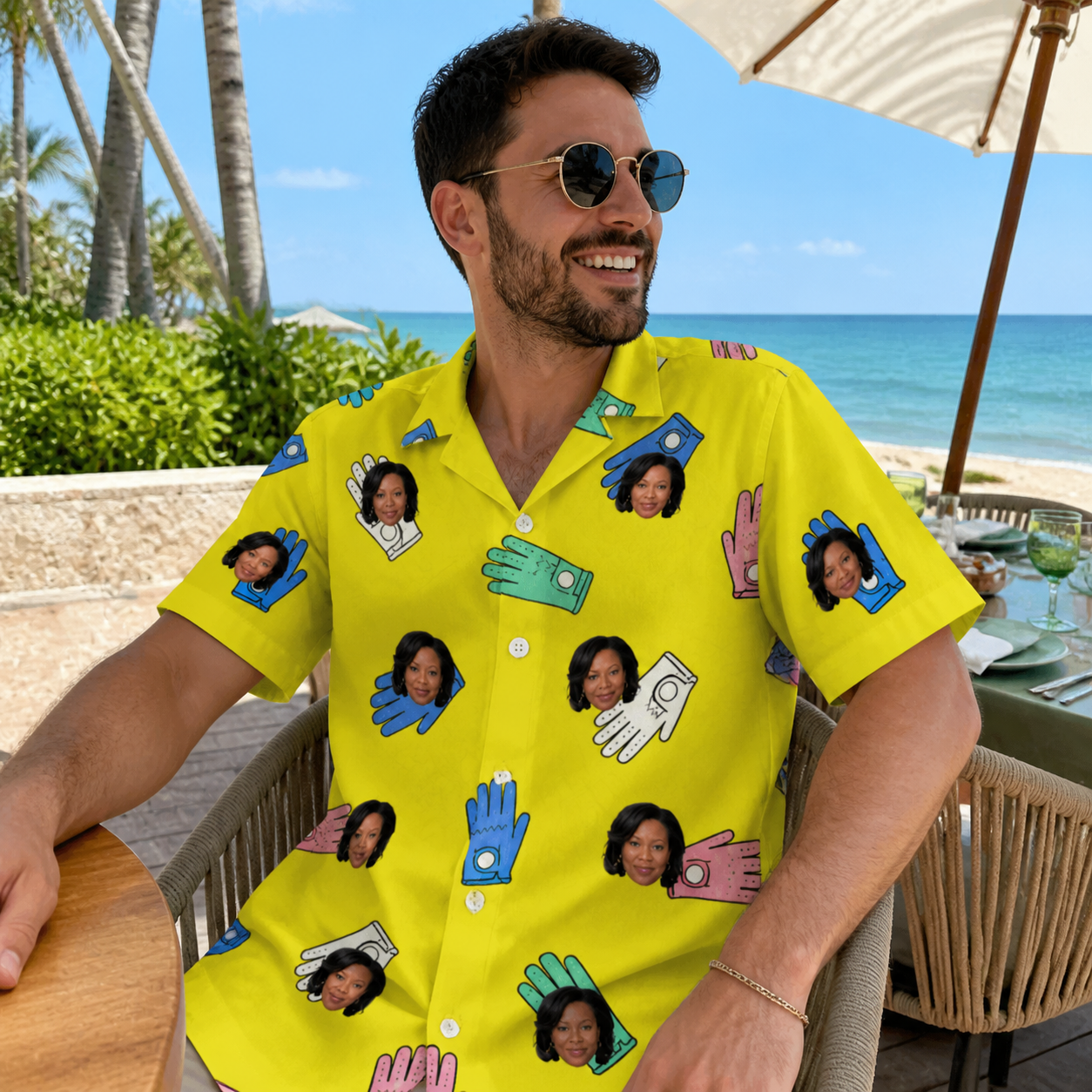 Real-life photo of someone wearing Men's Mighty Mitts Custom Face Hawaiian Shirt — custom faces printed all-over