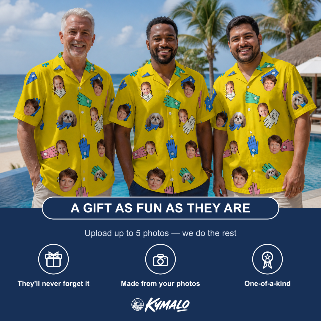 Friends in matching Men's Mighty Mitts Custom Face Hawaiian Shirt — a group gift photo