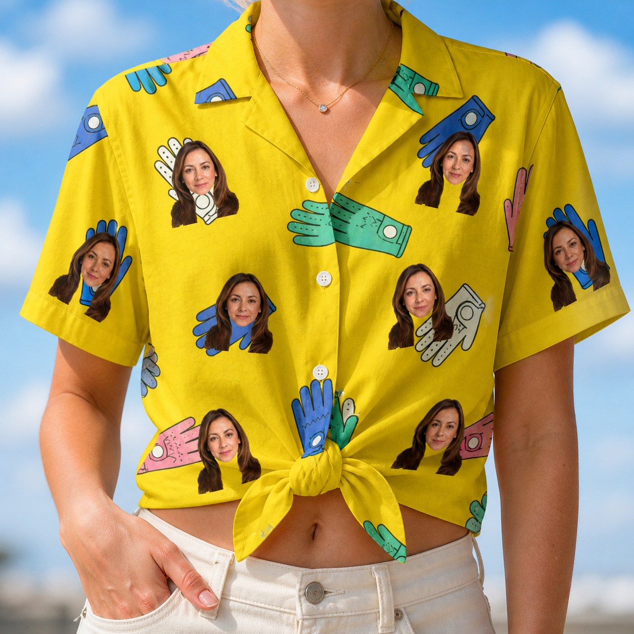 Woman wearing Women's Mighty Mitts Custom Face Hawaiian Shirt tied at the waist