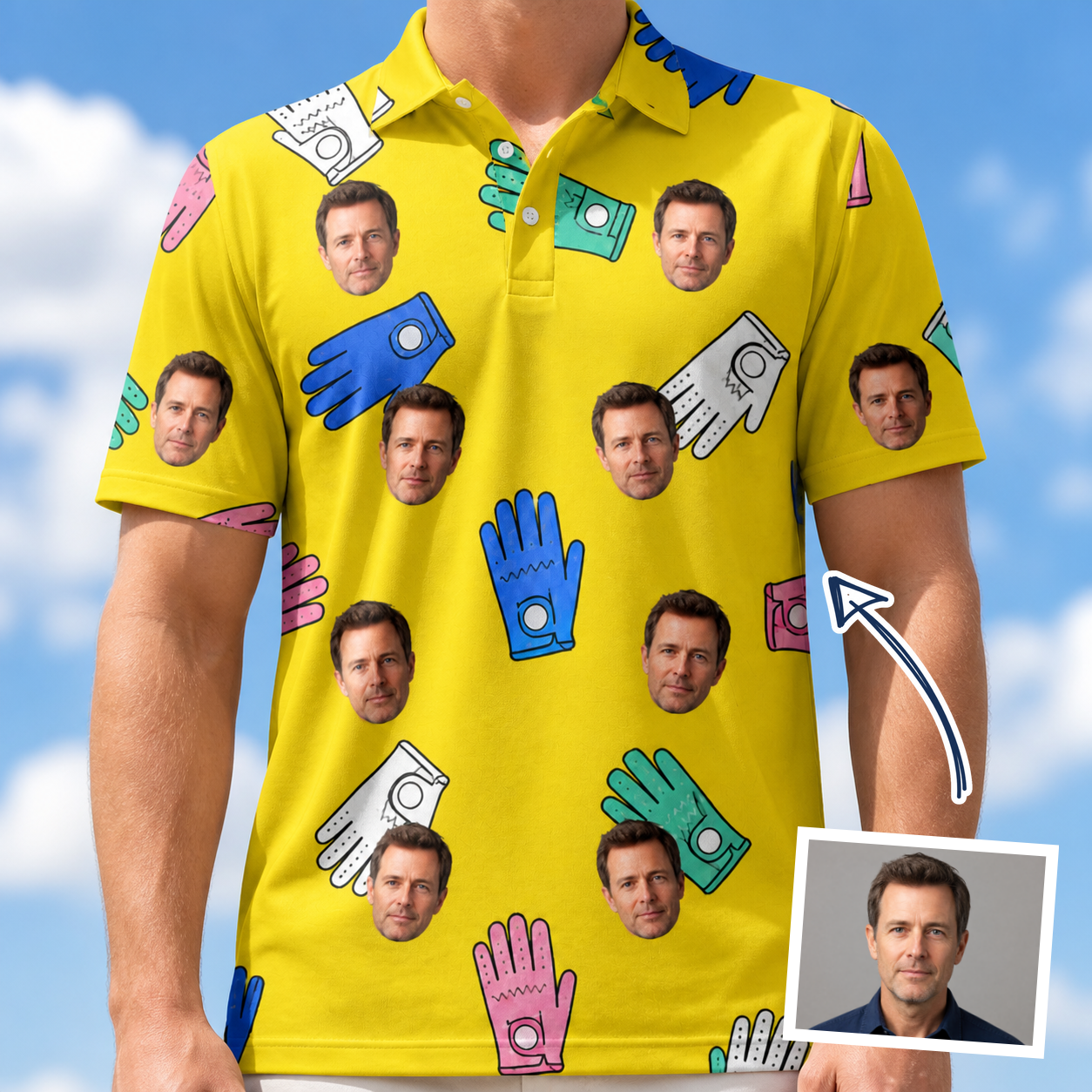 Man wearing Men's Mighty Mitts Custom Face Polo Shirt — custom faces printed all-over