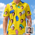 Man wearing Men's Mighty Mitts Custom Face Polo Shirt — custom faces printed all-over