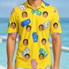 Model wearing Men's Mighty Mitts Custom Face Polo Shirt printed with kids' faces
