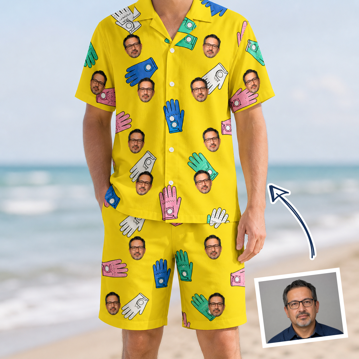 Man wearing Men's Mighty Mitts Custom Face Shirt & Shorts Set — custom faces printed all-over