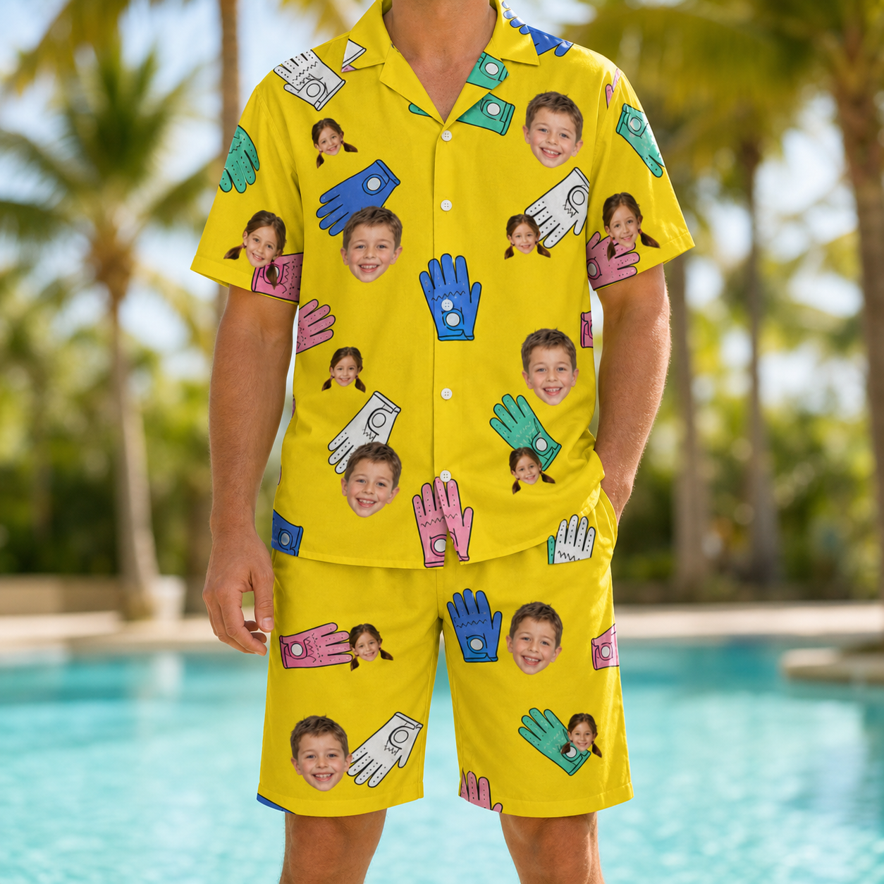 Model wearing Men's Mighty Mitts Custom Face Shirt & Shorts Set printed with kids' faces