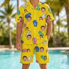 Model wearing Men's Mighty Mitts Custom Face Shirt & Shorts Set printed with kids' faces