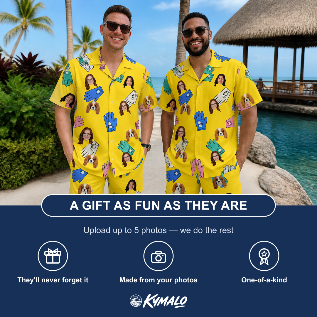 Friends in matching Men's Mighty Mitts Custom Face Shirt & Shorts Set — a group gift photo