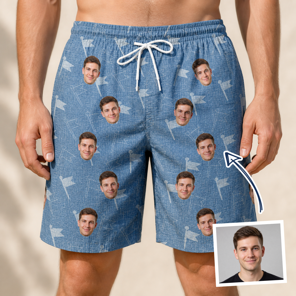 Man wearing Men's Bunker Badges Custom Face Beach Shorts — custom faces printed all-over