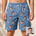 Man wearing Men's Bunker Badges Custom Face Beach Shorts — custom faces printed all-over