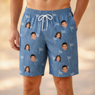 Model wearing Men's Bunker Badges Custom Face Beach Shorts printed with kids' faces