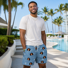 Real-life photo of someone wearing Men's Bunker Badges Custom Face Beach Shorts — custom faces printed all-over