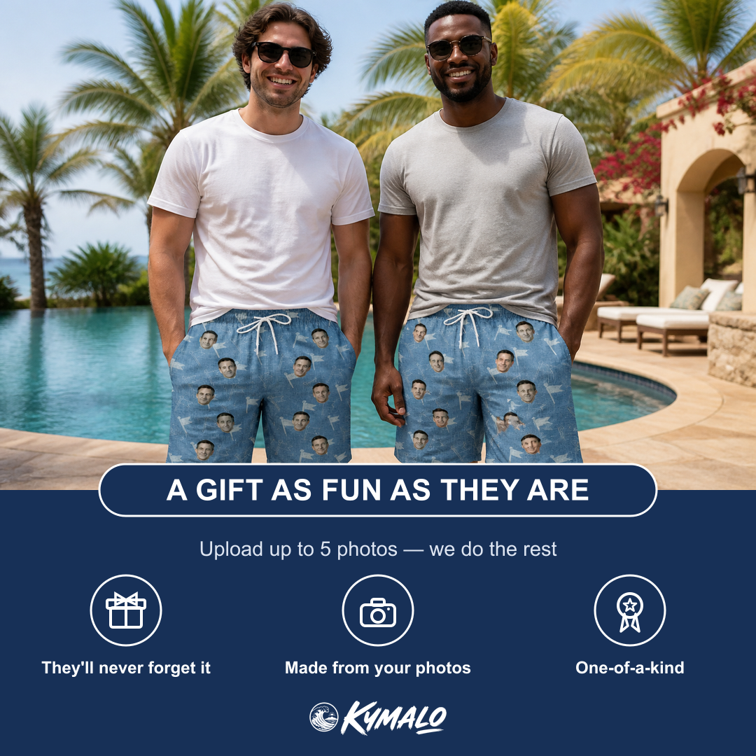 Friends in matching Men's Bunker Badges Custom Face Beach Shorts — a group gift photo