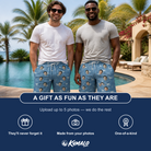 Friends in matching Men's Bunker Badges Custom Face Beach Shorts — a group gift photo