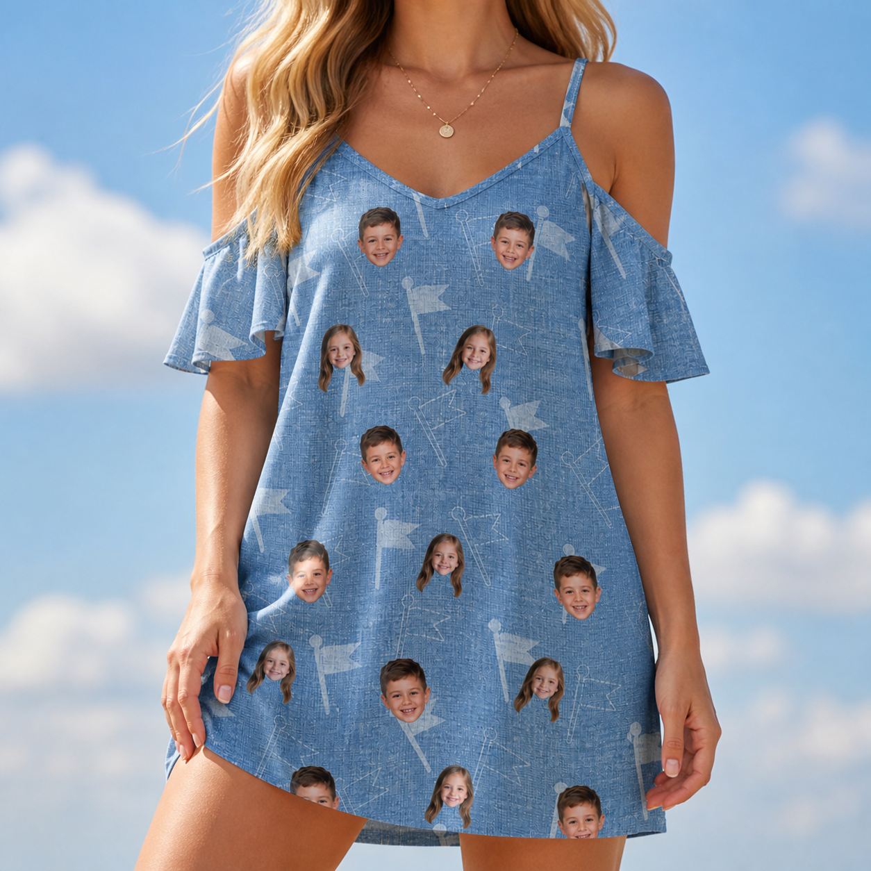Model wearing Women's Bunker Badges Custom Face Off-Shoulder Dress printed with kids' faces
