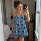 Real-life photo of someone wearing Women's Bunker Badges Custom Face Off-Shoulder Dress — custom faces printed all-over