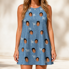 Model wearing Women's Bunker Badges Custom Face Tank Dress printed with kids' faces