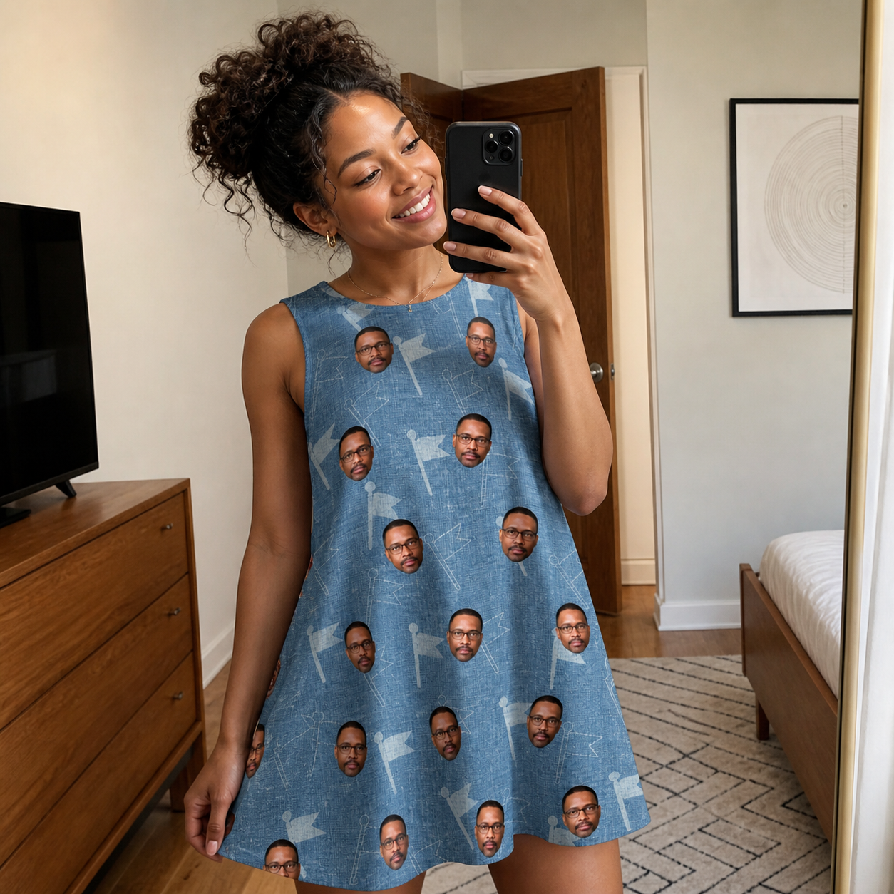 Real-life photo of someone wearing Women's Bunker Badges Custom Face Tank Dress — custom faces printed all-over