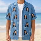 Man wearing Men's Bunker Badges Custom Face Hawaiian Shirt open over a white tee