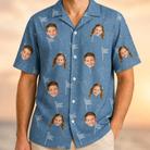 Model wearing Men's Bunker Badges Custom Face Hawaiian Shirt printed with kids' faces