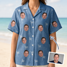 Woman wearing Women's Bunker Badges Custom Face Hawaiian Shirt — custom faces printed all-over