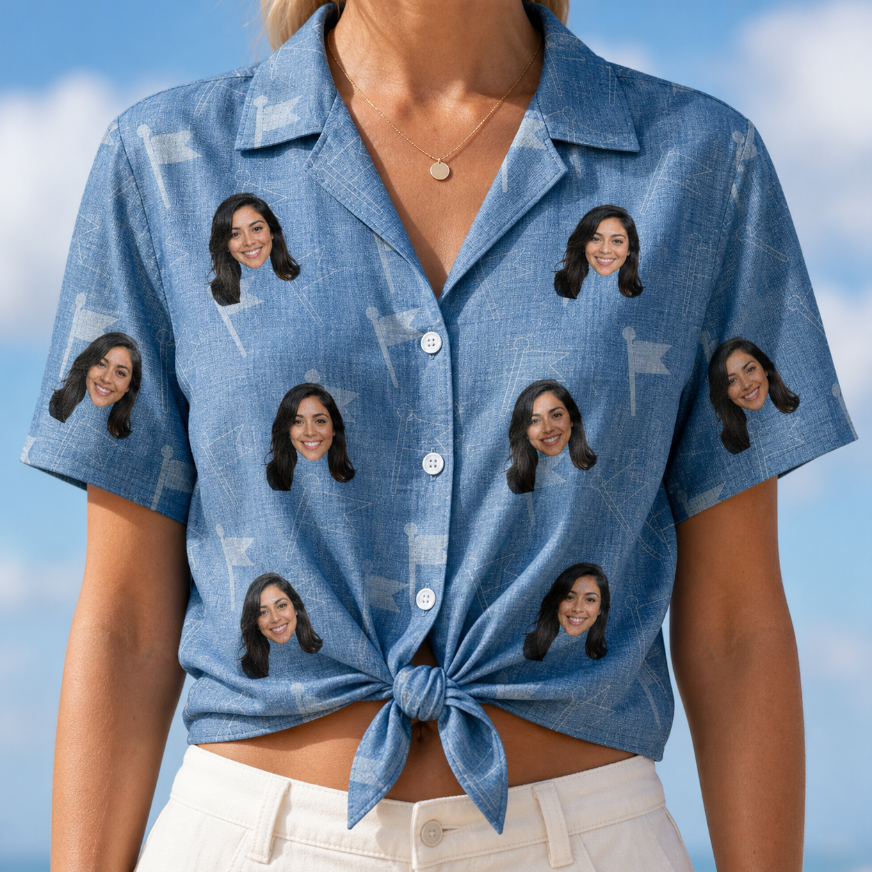 Woman wearing Women's Bunker Badges Custom Face Hawaiian Shirt tied at the waist