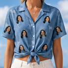 Woman wearing Women's Bunker Badges Custom Face Hawaiian Shirt tied at the waist