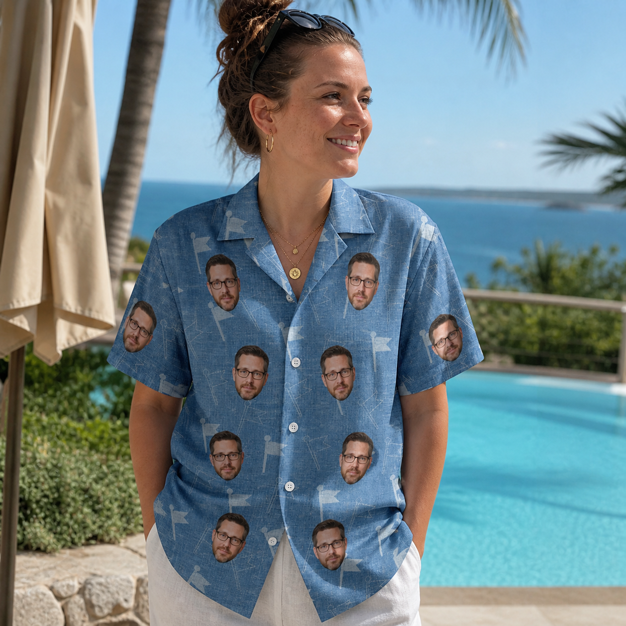 Real-life photo of someone wearing Women's Bunker Badges Custom Face Hawaiian Shirt — custom faces printed all-over