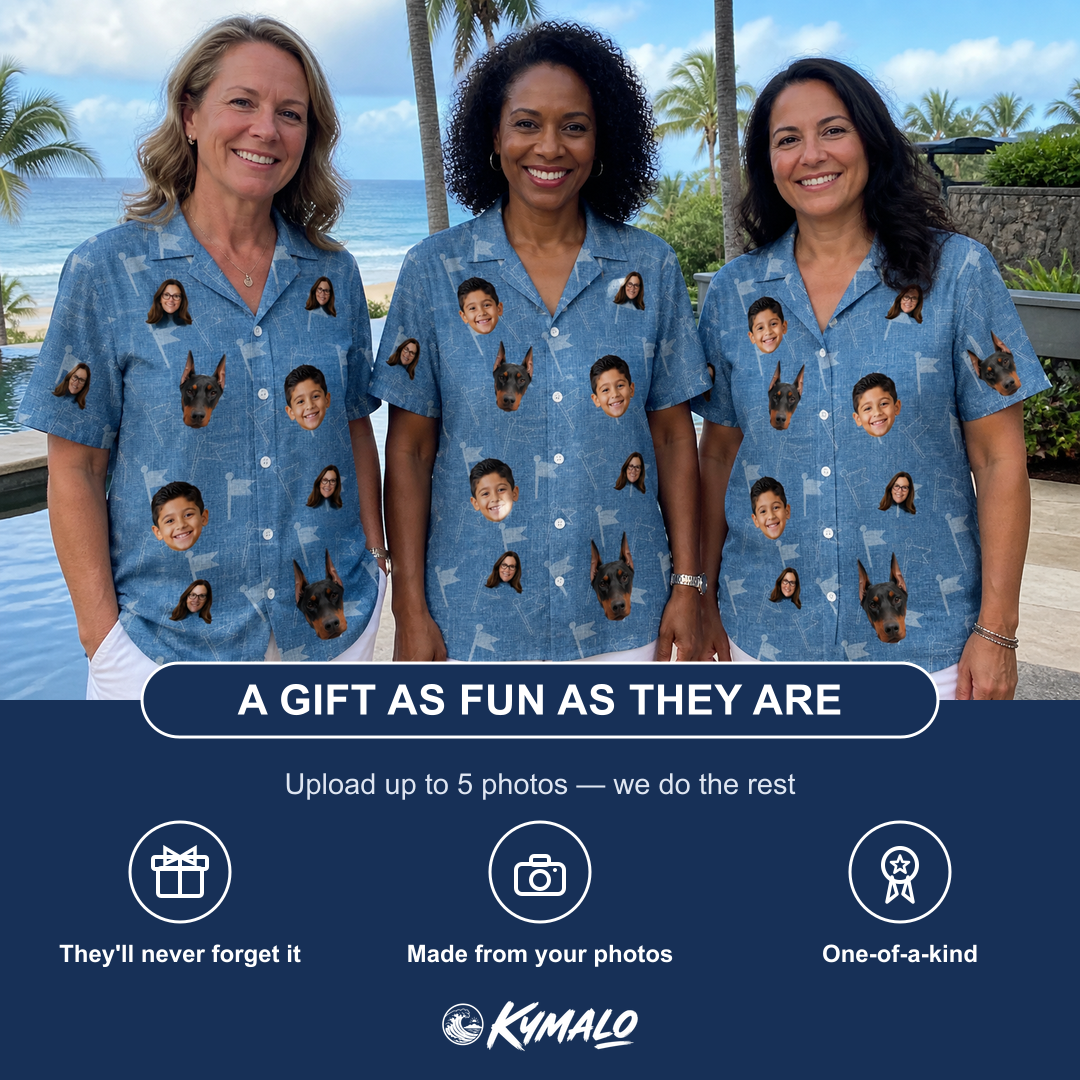 Friends in matching Women's Bunker Badges Custom Face Hawaiian Shirt — a group gift photo