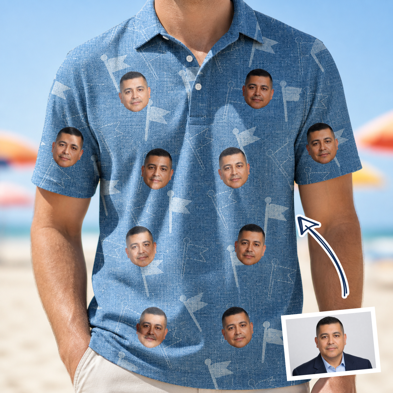 Man wearing Men's Bunker Badges Custom Face Polo Shirt — custom faces printed all-over