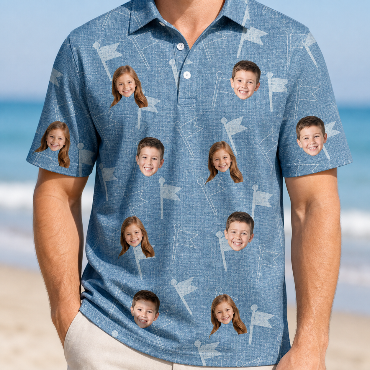 Model wearing Men's Bunker Badges Custom Face Polo Shirt printed with kids' faces
