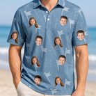 Model wearing Men's Bunker Badges Custom Face Polo Shirt printed with kids' faces