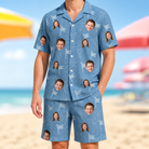 Model wearing Men's Bunker Badges Custom Face Shirt & Shorts Set printed with kids' faces