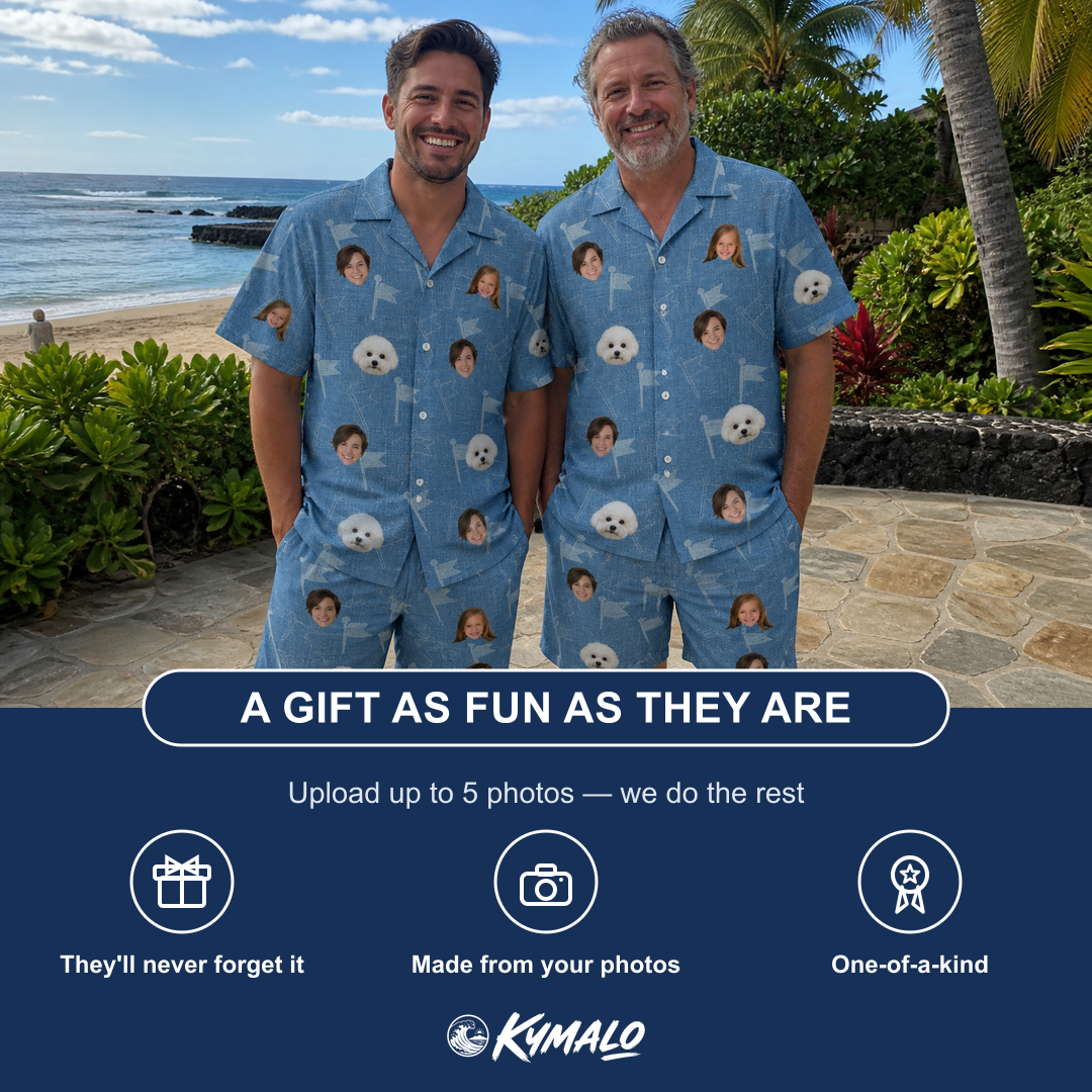 Friends in matching Men's Bunker Badges Custom Face Shirt & Shorts Set — a group gift photo