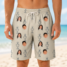 Model wearing Men's Podium Putters Custom Face Beach Shorts printed with kids' faces
