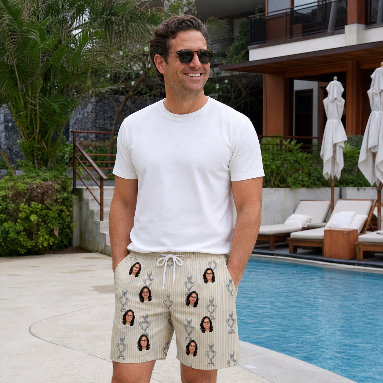 Real-life photo of someone wearing Men's Podium Putters Custom Face Beach Shorts — custom faces printed all-over