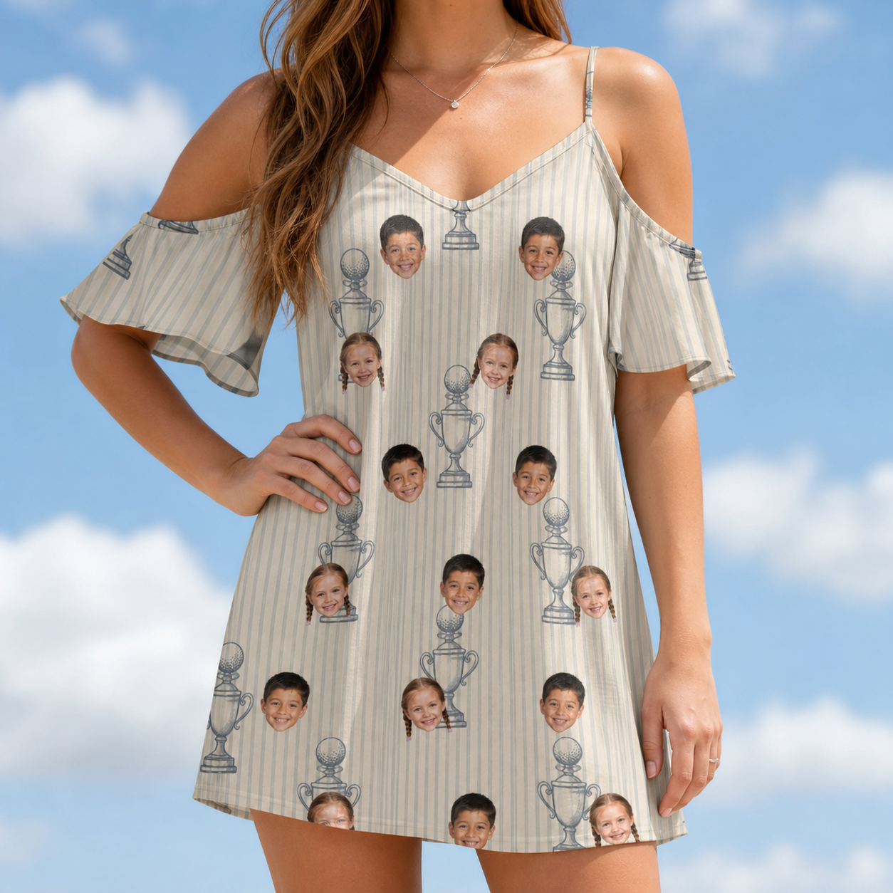 Model wearing Women's Podium Putters Custom Face Off-Shoulder Dress printed with kids' faces