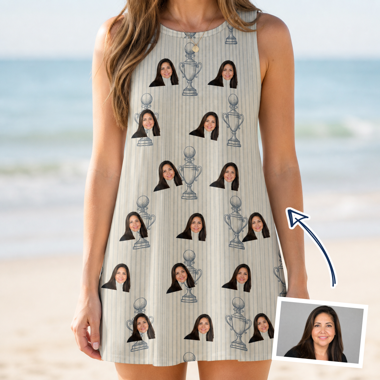 Woman wearing Women's Podium Putters Custom Face Tank Dress — custom faces printed all-over