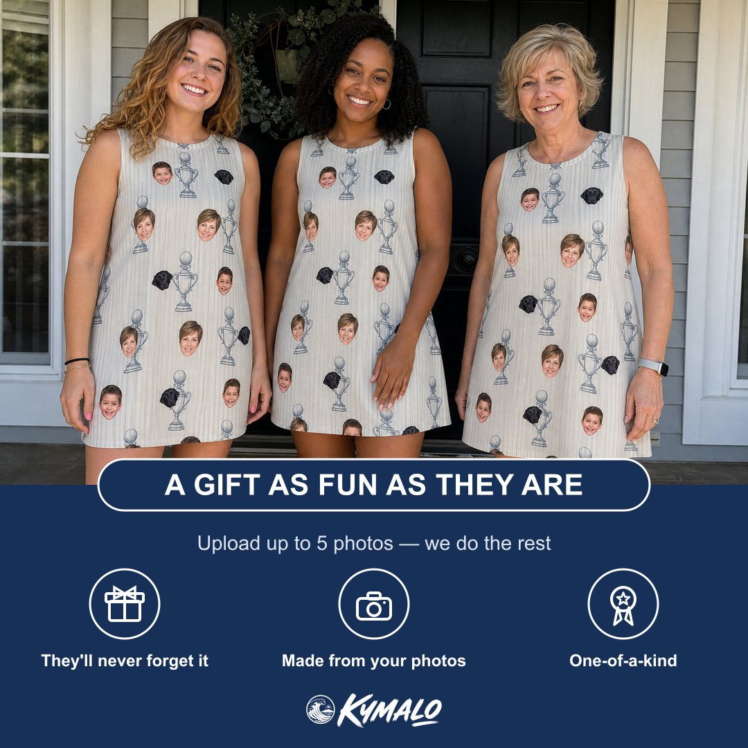 Friends in matching Women's Podium Putters Custom Face Tank Dress — a group gift photo