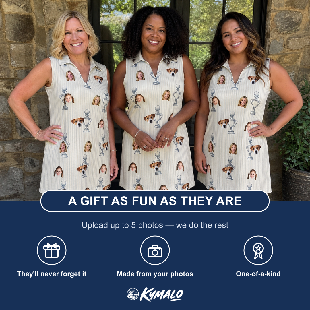Friends in matching Women's Podium Putters Custom Face V-Neck Dress — a group gift photo