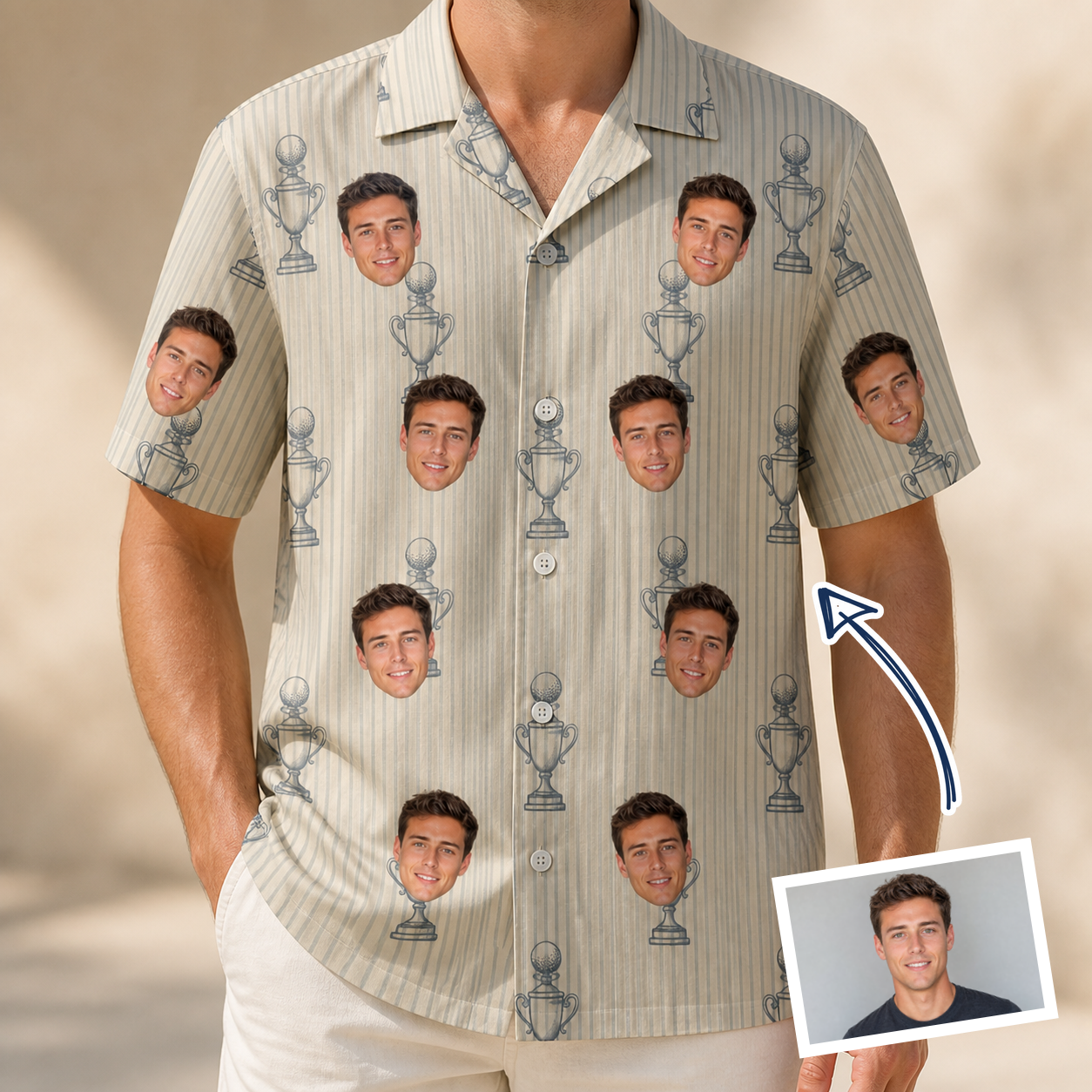 Man wearing Men's Podium Putters Custom Face Hawaiian Shirt — custom faces printed all-over