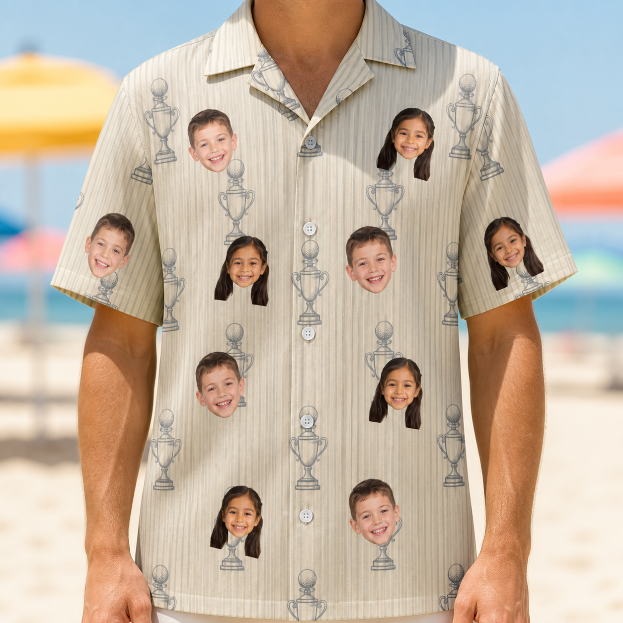 Model wearing Men's Podium Putters Custom Face Hawaiian Shirt printed with kids' faces