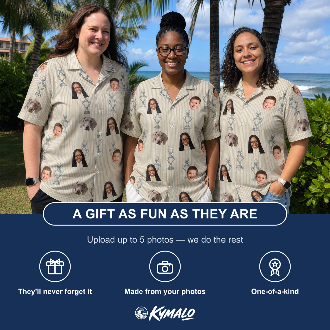 Friends in matching Women's Podium Putters Custom Face Hawaiian Shirt — a group gift photo